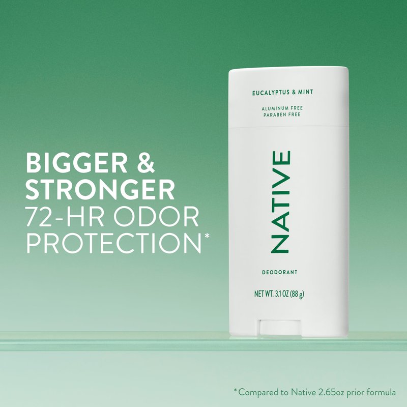 Native Aluminum Free Deodorant, Eucalyptus & Mint, Large Size Stick, 72 Hour Odor Control, for Women & Men, Contains Naturally Derived Ingredients, 3.1 oz