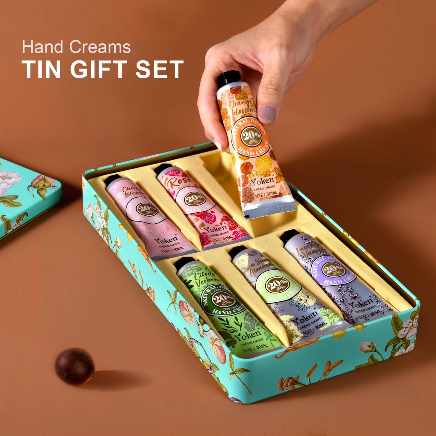 Yoken 20% Shea Butter Hand Cream Gift Set - Nourishing Moisturizer for Dry Hands | 6-Piece Tin Set in Almond, Citrus Verbena & Floral Scents, 6 x 1 OZ