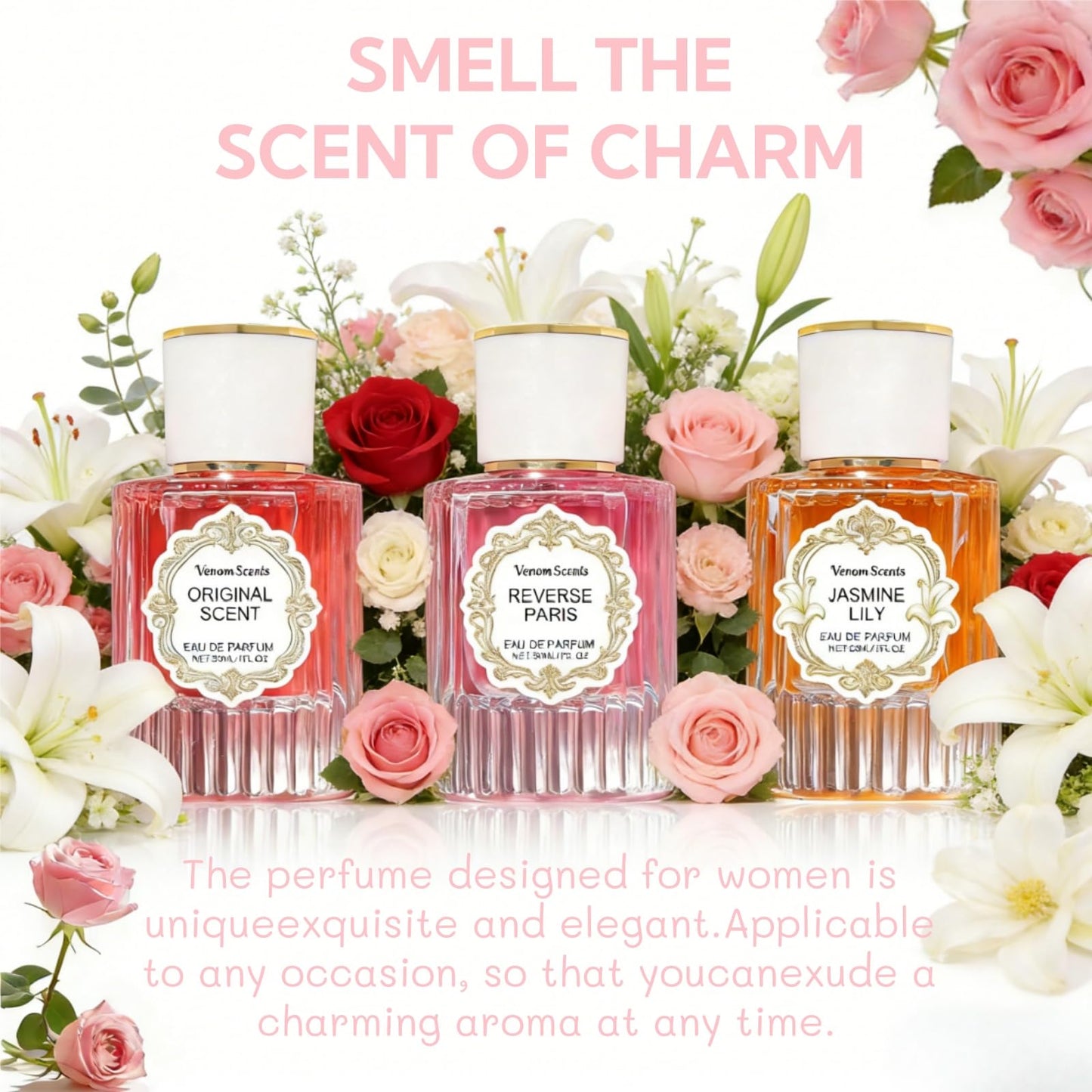 Venom Scents 3PCS Pheromones for Women, Jasmine Lily & Peony Long-Lasting Floral Perfume Collection (30ml Each)