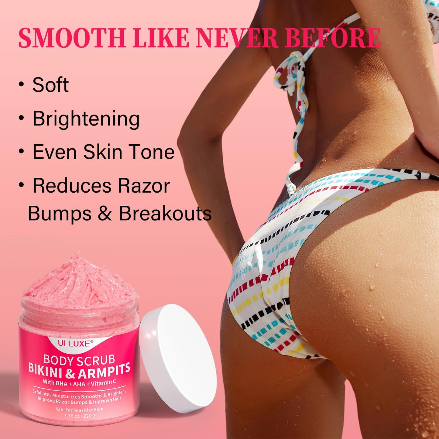 Bikini Area Exfoliator with 10% AHAs BHA & Vitamin C, Exfoliating Body Scrub for Ingrown Hair and Underarm Bumps, Dark Spots, Moisturize Brighten Soothe & Even Skin Tone, Sensitive Skin Safe, 7.76 oz