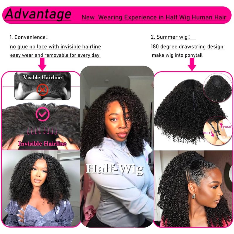 **Skiennix Kinky Curly Half Wig - 200 Density Glueless Wear & Go | 26-Inch Afro Wig for Women**