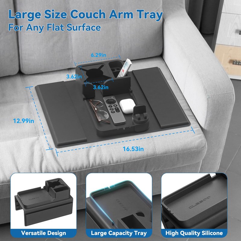 Couch Arm Cup Holder CLESOO Couch Arm Tray Anti-Slip Couch Cup Holder Silicone Sofa Armrest Tray Dual Side Pocket Couch Drink Holder Sofa Caddy Arm Remote Holder Snack Caddy with Phone Holder Black