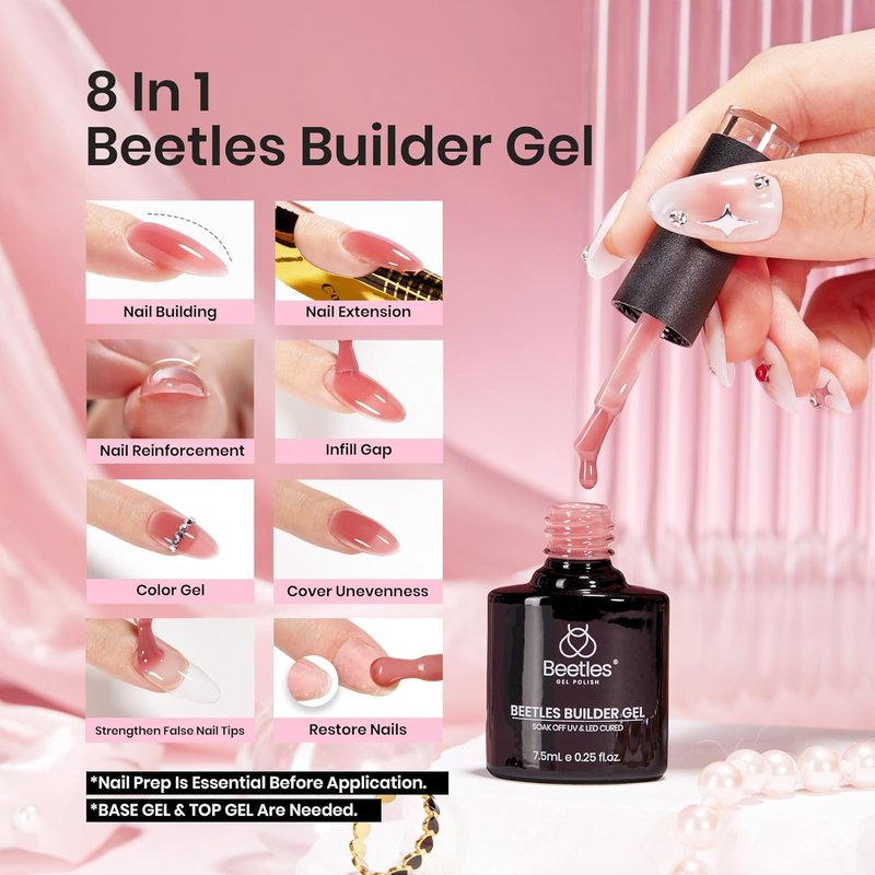 Beetles Builder Gel Set - 6 Colors Jelly Clear Pink & Nude | 8-in-1 Nail Extension & Thickening Gel for Beginners