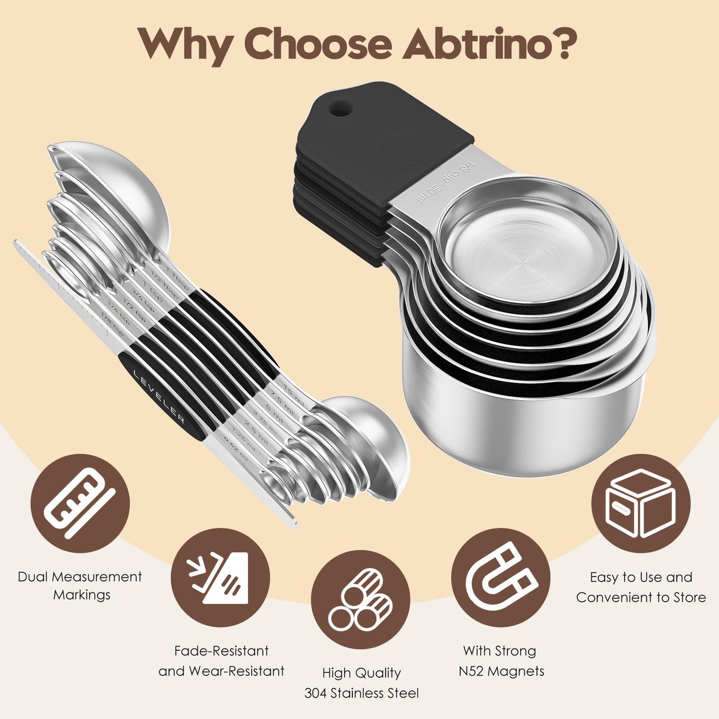 Abtrino Magnetic Measuring Cups and Spoons Set – 304 Stainless Steel | Dual-sided Design | 15-Piece with Leveler | N52 Space-Saving Magnetic Nesting | Baking & Meal Prep | Kitchen Gift (Black)