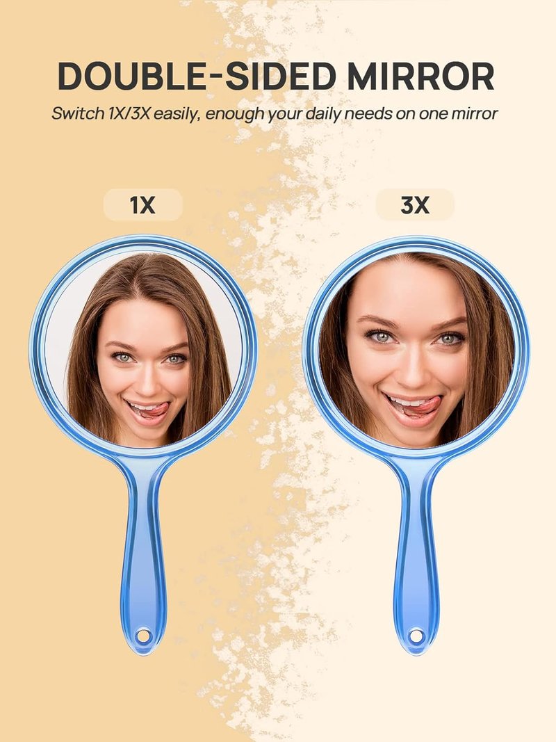 OMIRO Hand Mirror - Double-Sided 1X/3X Magnifying Handheld Mirror with Handle | Transparent Blue