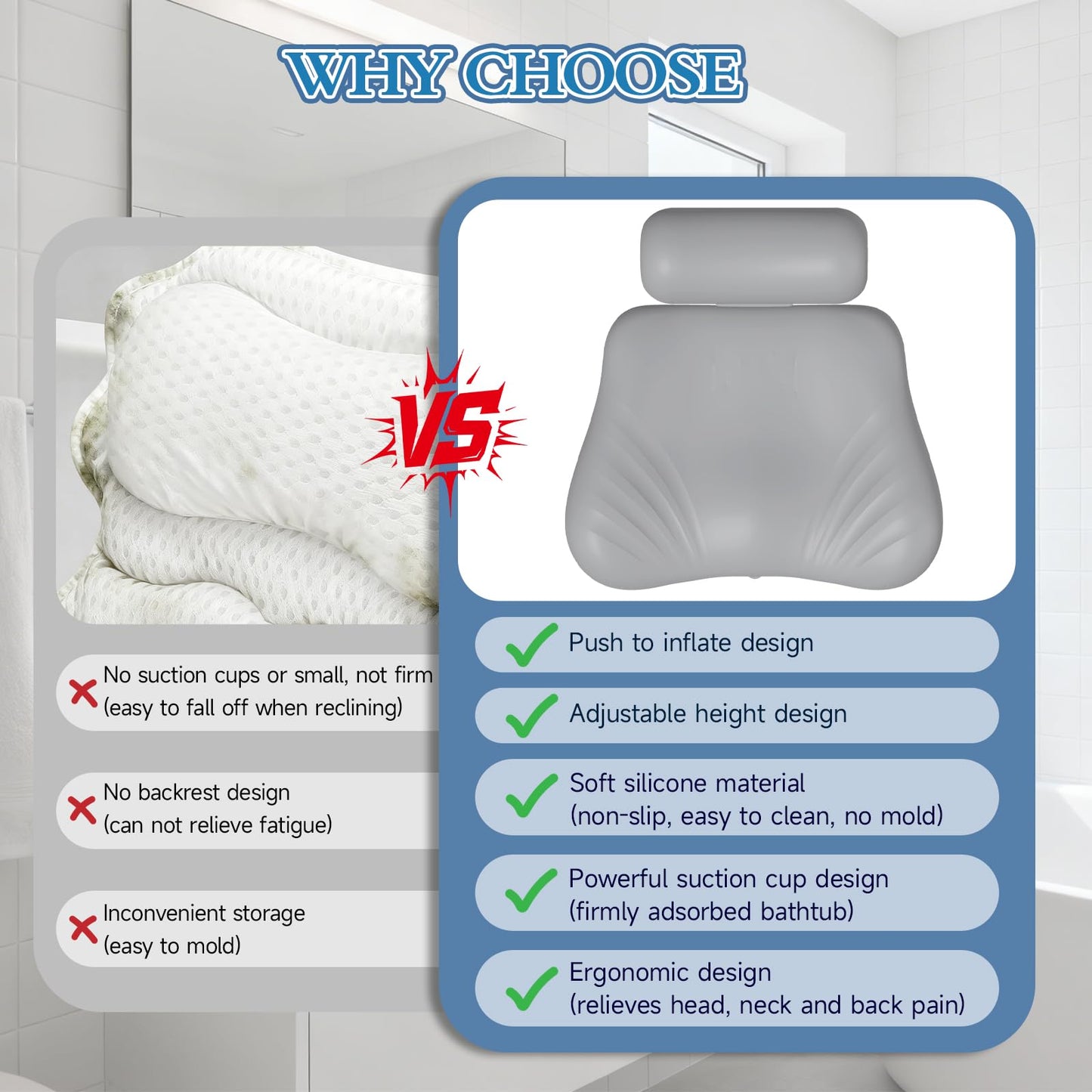 Upgraded Silicone Bath Pillow, 4D Press Inflatable Airbag and Non-Slip Large Suction Cups, Adjustable Head Neck and Back Support, Comfortable Luxury Bath Pillows for Tub, Bath Spa Accessories Gray