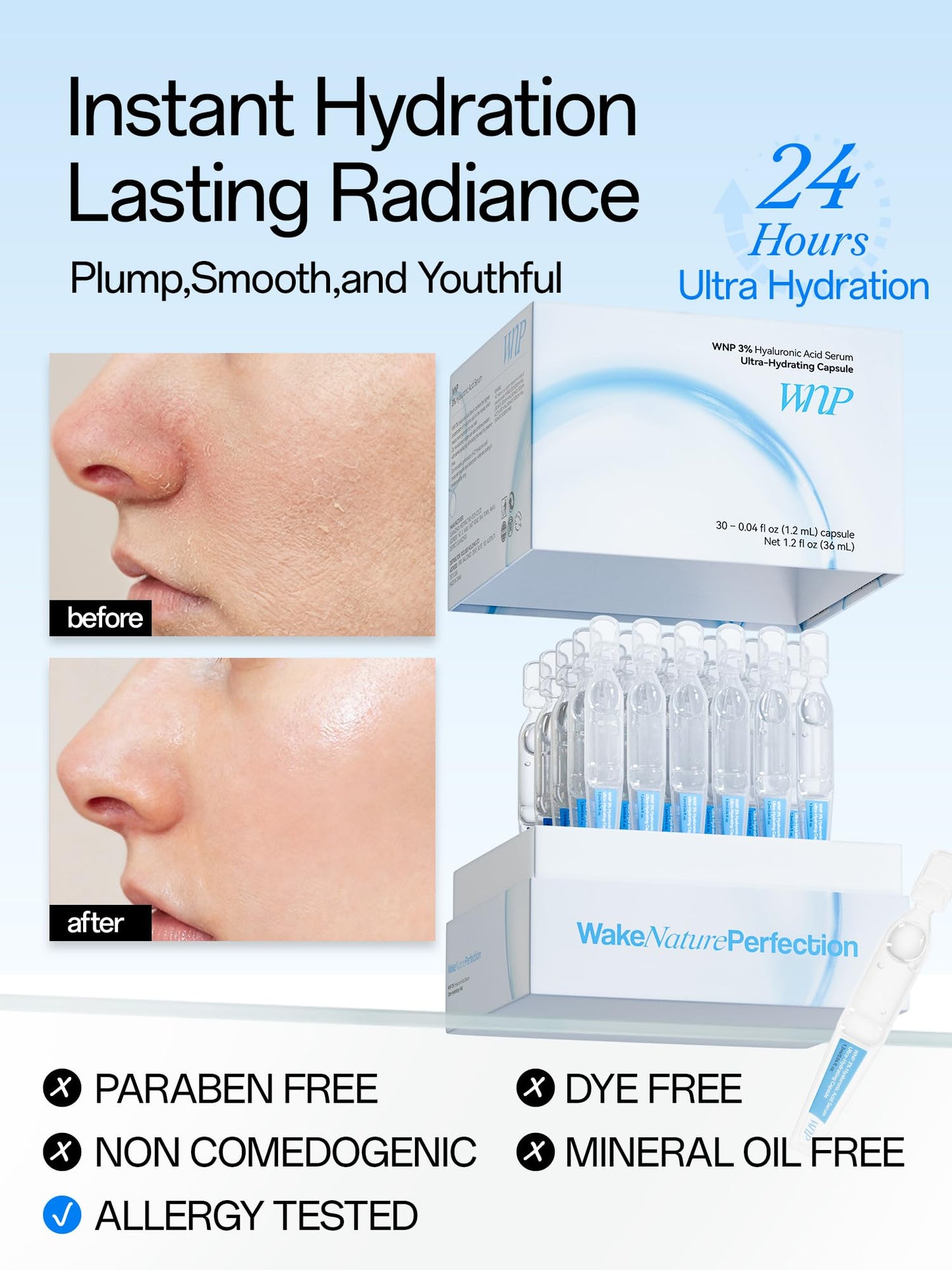 WNP Hyaluronic Acid Serum 3% for Face with 4D Multi-Layer Hydration | Ultra Hydrating Anti-Aging Serum | Moisturizer for Dry & Sensitive Skin | Pre-Makeup Skincare | Single-Use Vials 30PCS