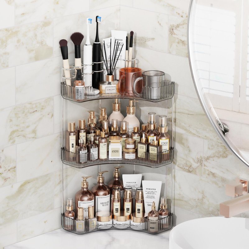 Asayuee 3-Tier Corner Bathroom Counter Organizer with Top Toothbrush Holders,Large Makeup Organizer Countertop with Brush Holder,Skincare Organizers Corner,Exquisite Vanity Organizer (Gray, 3 Tier)