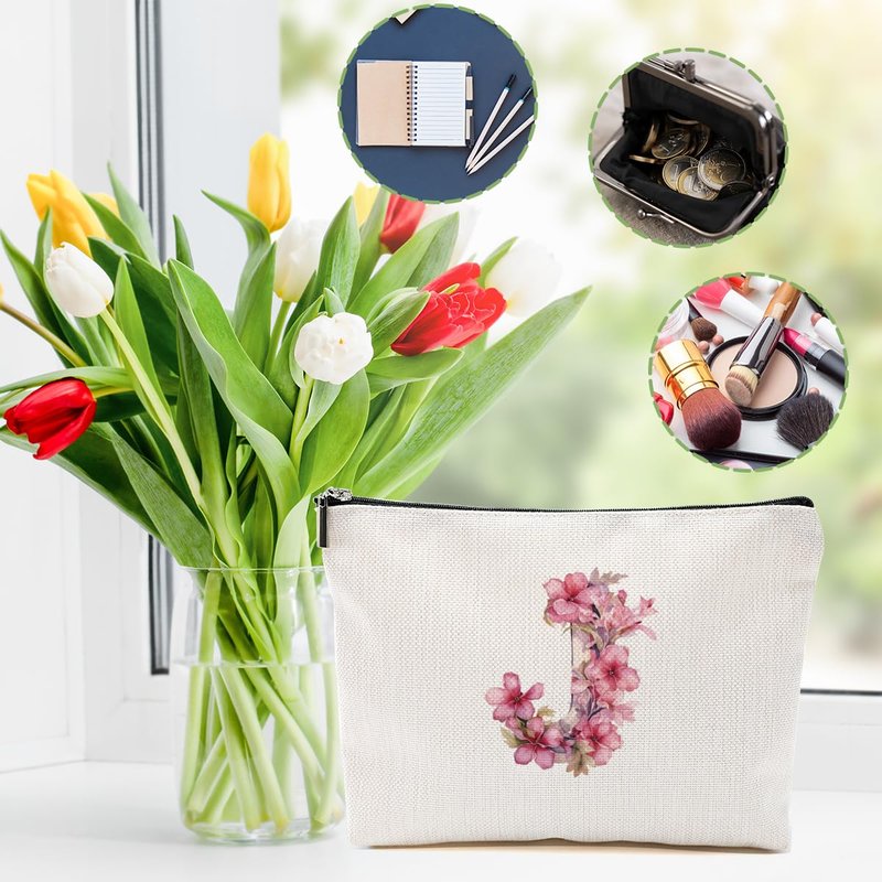 DHKG Initial Makeup Bag Personalized Cosmetic Bag Monogrammed Gifts for Women Sister Mom Teacher Travel Organizer Zipper Pouch Teacher Gifts Mothers Day Birthday Bridal Shower Gifts, Pink Letter J