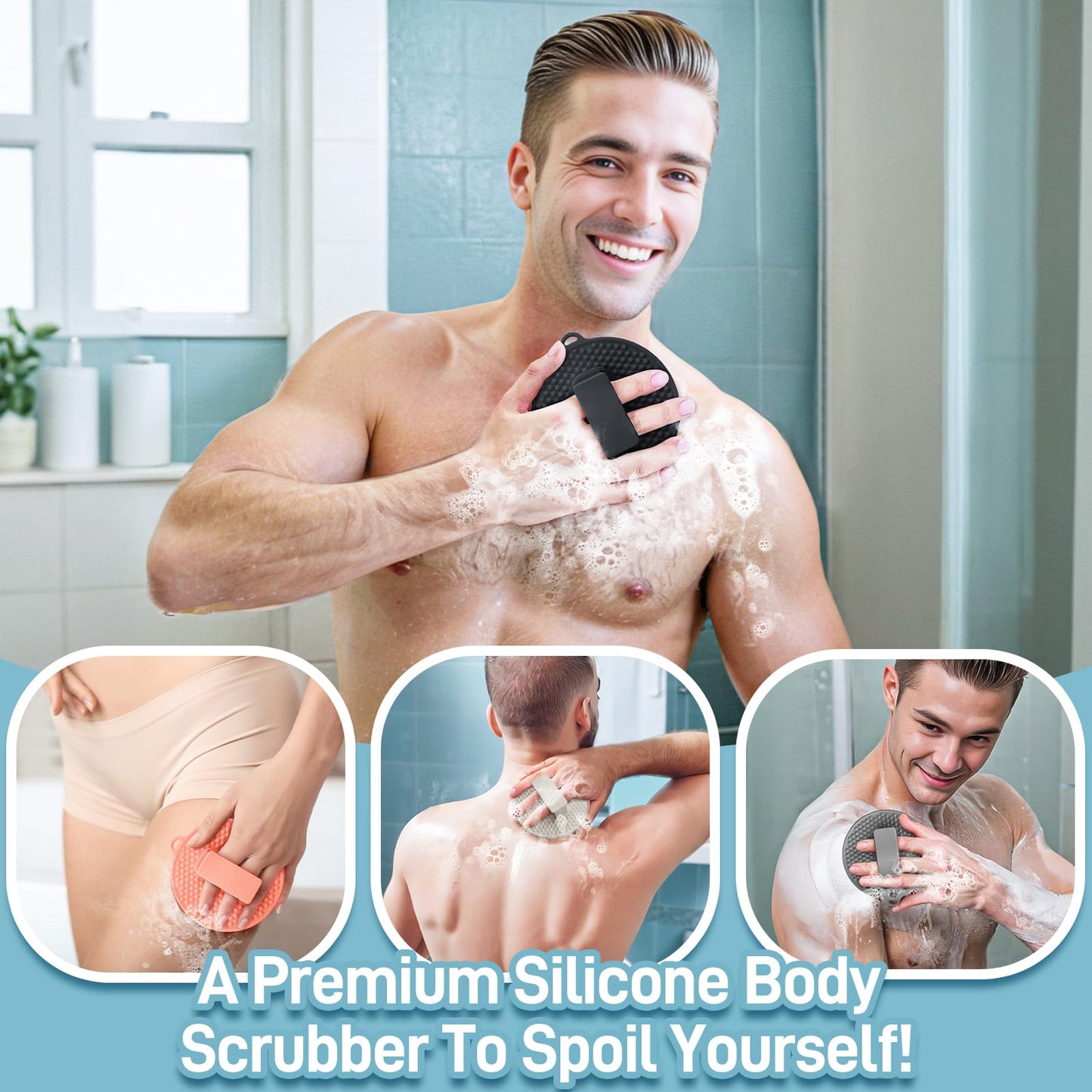 GEENOA Silicone Body Scrubber 2PCS, Exfoliating Body Scrubber Shower Scrubber with Dense Bristles and Comfort Handle, Silicone Loofah Body Buffer for Good-Lathering & Deep-Cleansing(Black+Gray)