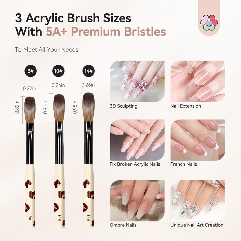 SAVILAND Acrylic Nail Brush Set - 3Pcs Leopard Print for Beginners | Sizes 8/10/14, Professional Nail Art Tools