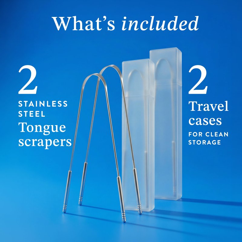 Mouthology Tongue Scraper (2 Pack), Reduce Bad Breath (Travel Cases Included), Stainless Steel Tongue Cleaners, Metal Tongue Scraper, Tongue Scraper for Adults - Fresher Breath in Seconds