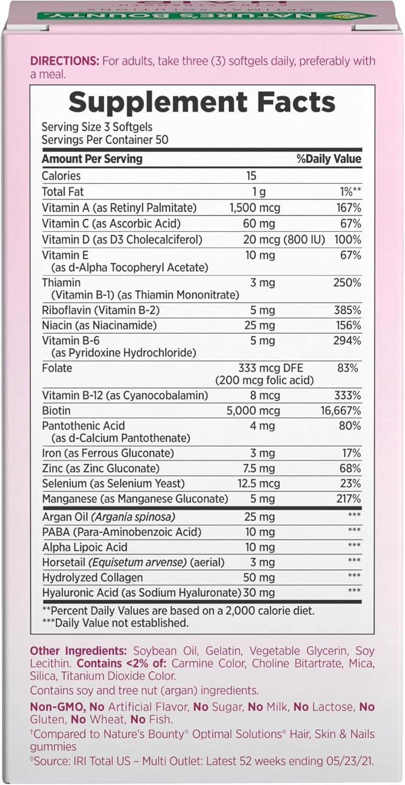 Nature's Bounty Advanced Hair, Skin & Nails - Argan-Infused Vitamin Supplement with Biotin & Hyaluronic Acid | 150 Softgels
