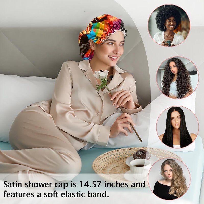 Cabreche Luxury Shower Cap Satin Silk Lined Adjustable Elastic Reusable Waterproof Shower Bath Cap Cute for Women Girls-Rainbow Skeleton