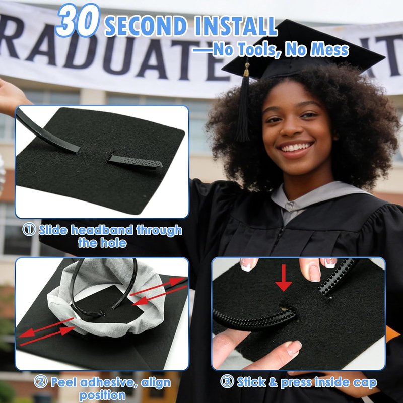 PUNCHMAN Graduation Cap Headband Insert - Black Firm Anti-Fall Hair Band for Secure Grad Cap