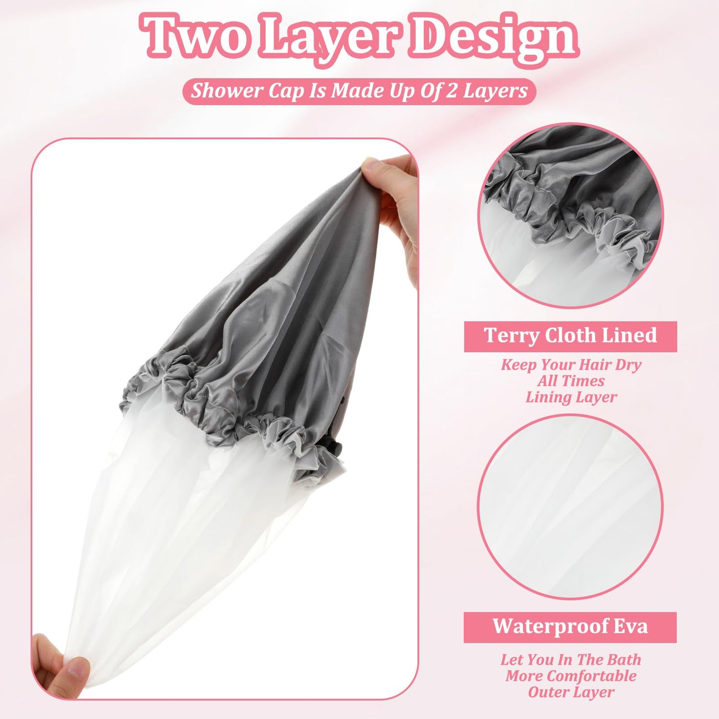 1 Pc Reusable Shower Cap for Women, Grey Double Layer PEVA Lined Waterproof Bath Caps with Adjustable Drawstring, Hair Cap for Short Hair (Spa & Home Use)
