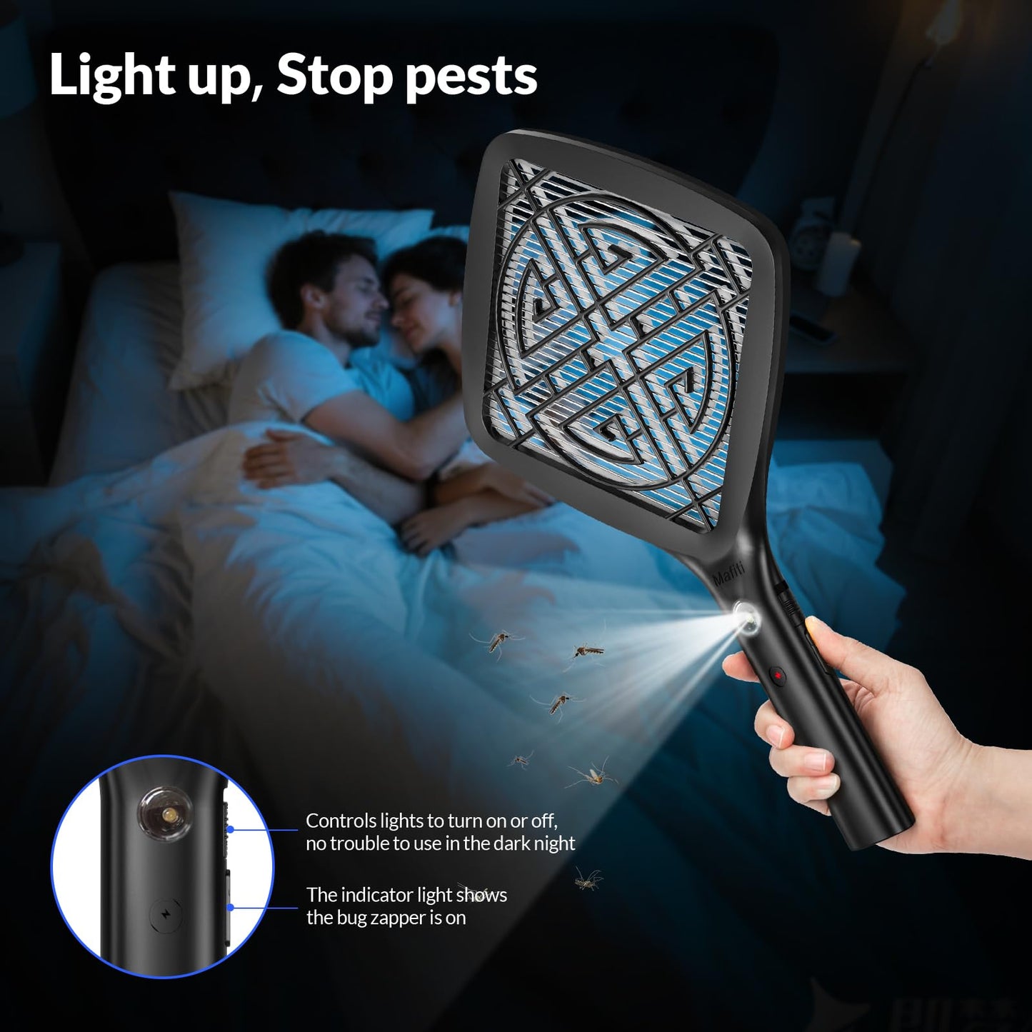 Mafiti Bug Zapper 3000V Mini Electric Fly Swatter with LED Light,Bug Zapper Indoor with Safety Grid for Home,Kitchen&Outdoor Camping-AA Battery Powered (not incl.)