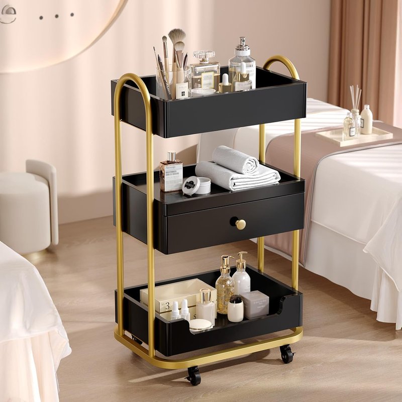 OmySalon Salon Trolley Cart - Mobile Hair Styling Station with 3 Trays & 1 Drawer | Black