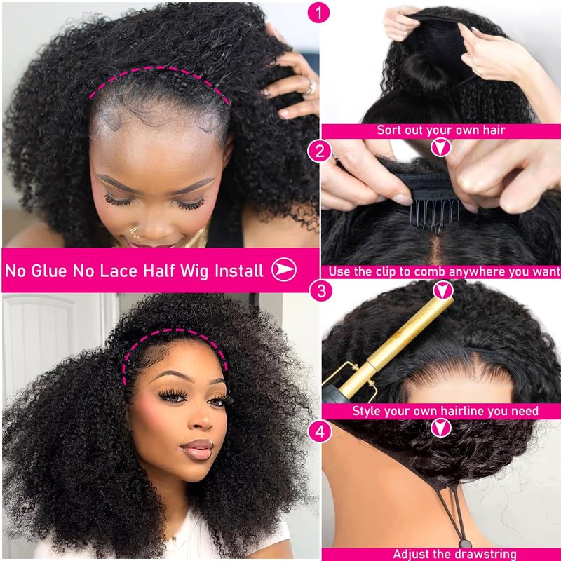 **Skiennix Kinky Curly Half Wig - 200 Density Glueless Wear & Go | 26-Inch Afro Wig for Women**