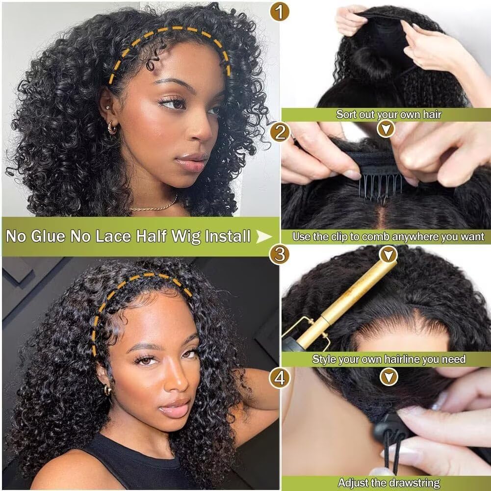 XNAIRA Half Wig Human Hair 3 In 1 Seamless Flip Over Half Wigs With Drawstring Half Wigs for Women Human Hair Glueless Wear and Go Half Up Half Down Headband Wig Human Hair(18 Inch,Natural Black)