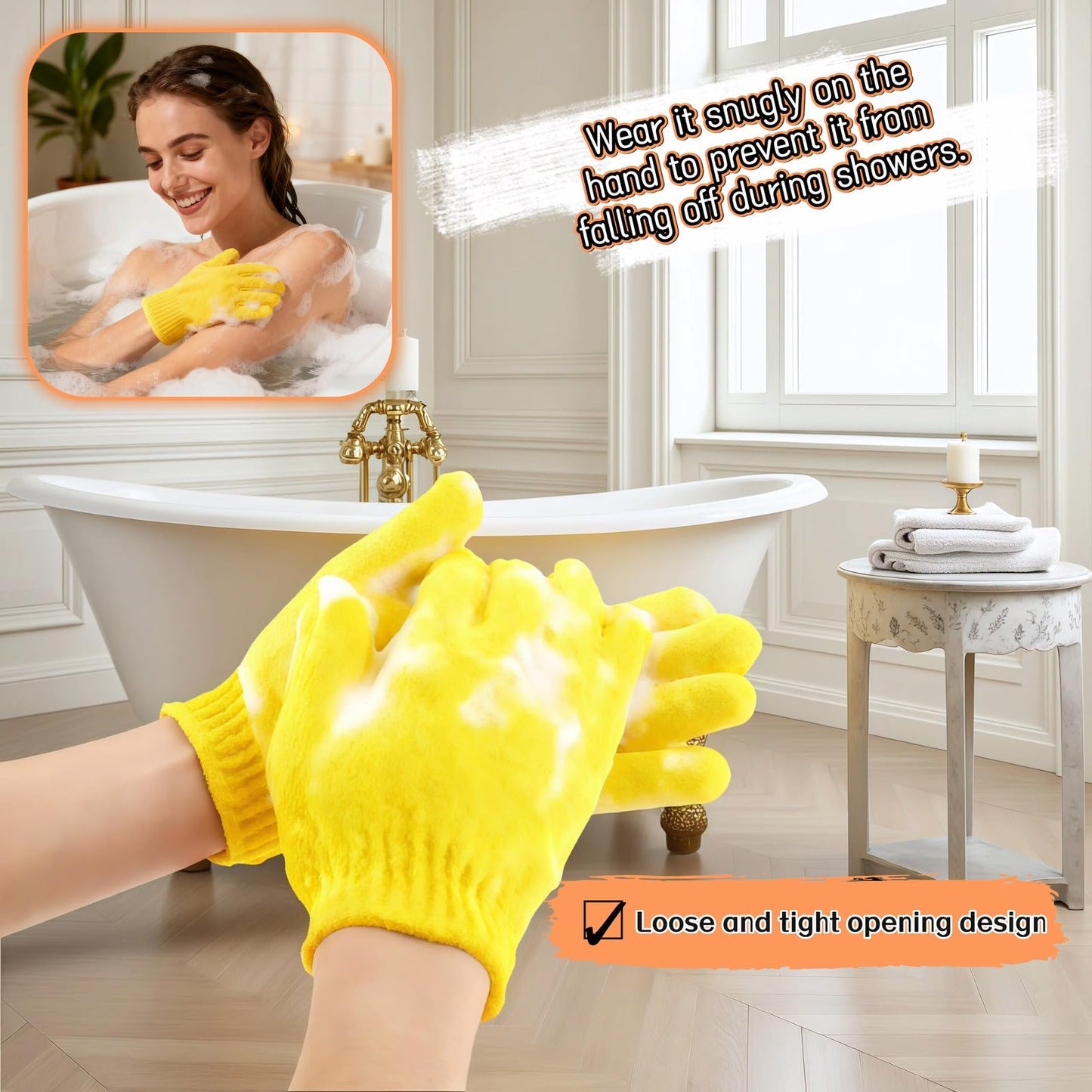 RyanDesign Exfoliating Shower Gloves, 2 Pairs Reinforced Nylon Bath Scrubbing Mitts, Orange and Yellow, One Size Fits All, Body Cleansing Massage
