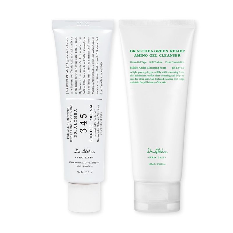 Dr.Althea Cleanser & Hydration Set - Soothing Vegan Korean Skincare | 345 Relief Cream & Green Amino Gel