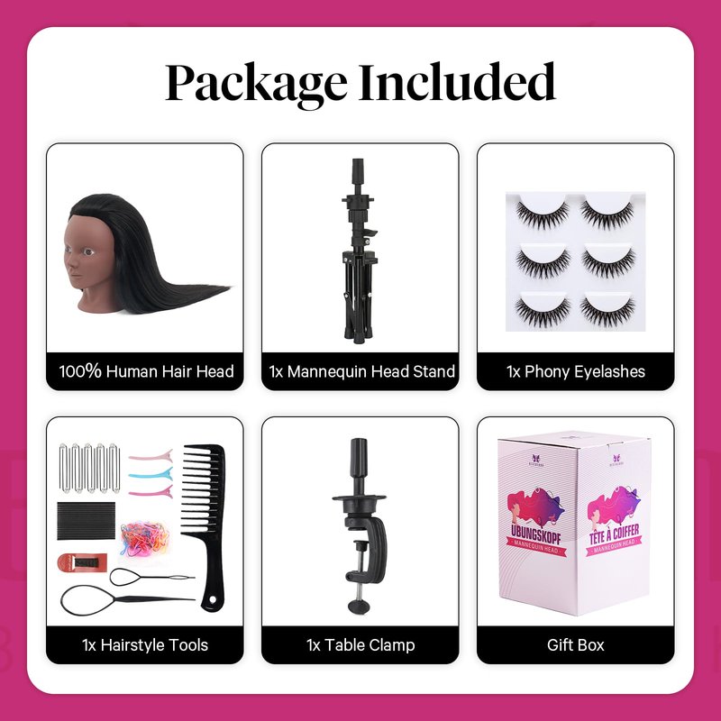 18" Mannequin Head Human Hair with Stand - 100% Real Hair Mannequin Head for Makeup Practice, Cosmetology Manikin Doll Head for Hair Styling, Hairdressing Training Head for Braiding with Tripod,Black
