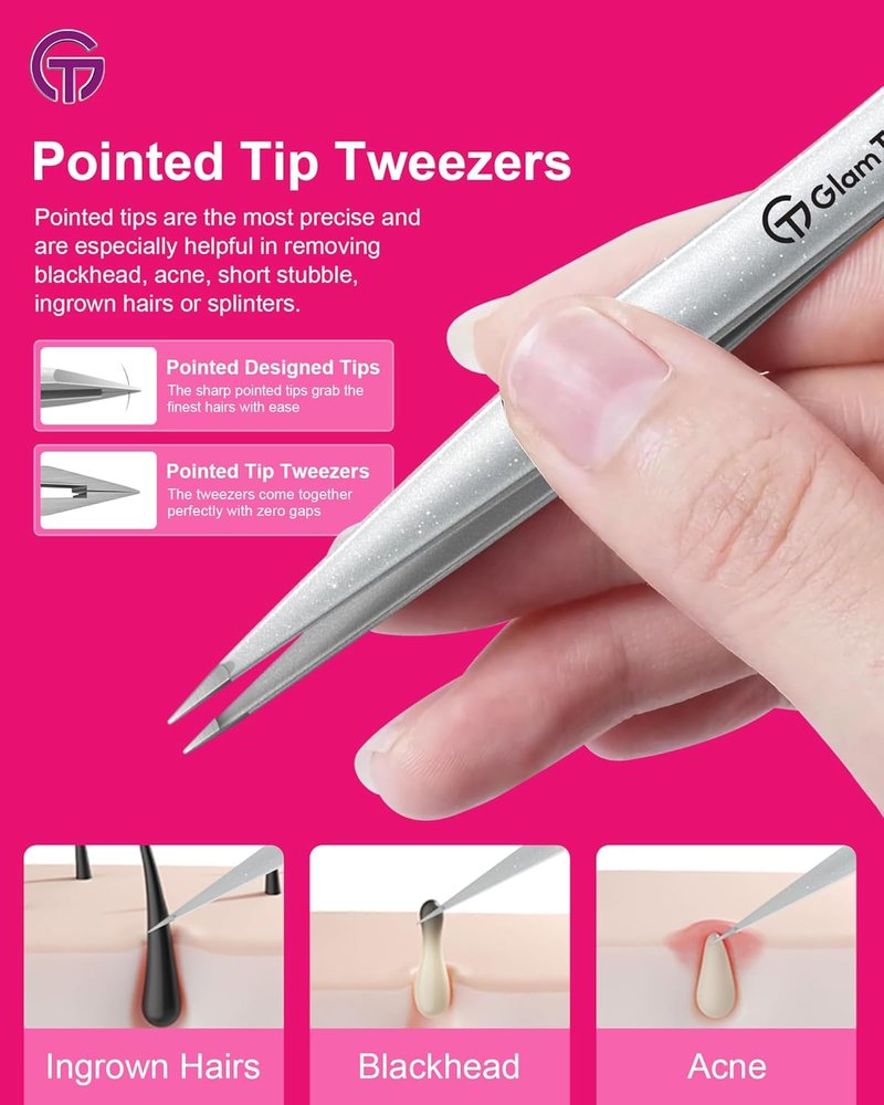 GlamTweeler Slant & Point Tip Tweezer Set - Precision Hair Removal | Sparkle Violet & Silver Carrying Case