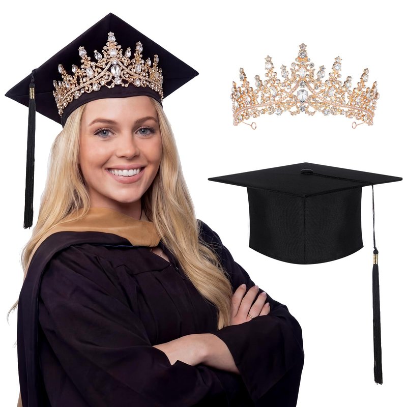 Mepase 2026 Graduation Crown and Cap Rose Gold Glitter Metal Rhinestone Princess Crown Adjustable Black Graduation Hat Grad Tiara and Cap for Women Grad Party Decorations