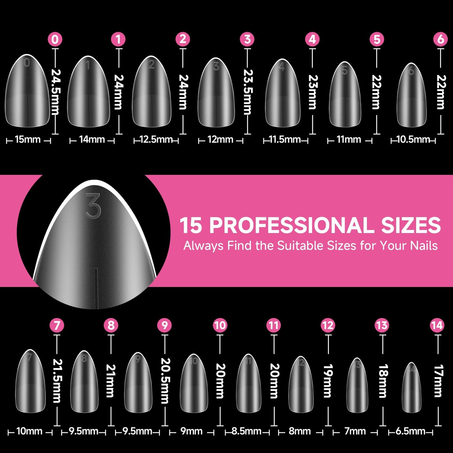 UNA GELLA Gel Nail Tips Medium Almond Shape, Pre Etched Full Cover Almond Press On Nail Tips For Extensions - At Home Matte Acrylic Fake Nails 504pcs, 15 Sizes