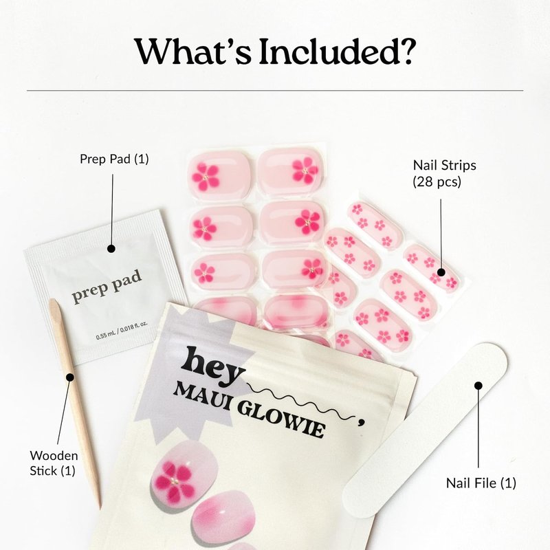 Heyhae Semi Cured Gel Nail Strips - Easy Apply Pink Floral Design | 28 Strips, Prep Pads & Nail File Included