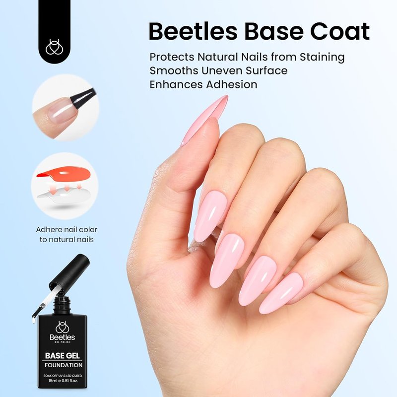Beetles Gel Top & Base Coat Set - No Wipe Formula with 15ml Blooming Gel | Clear UV LED Polish