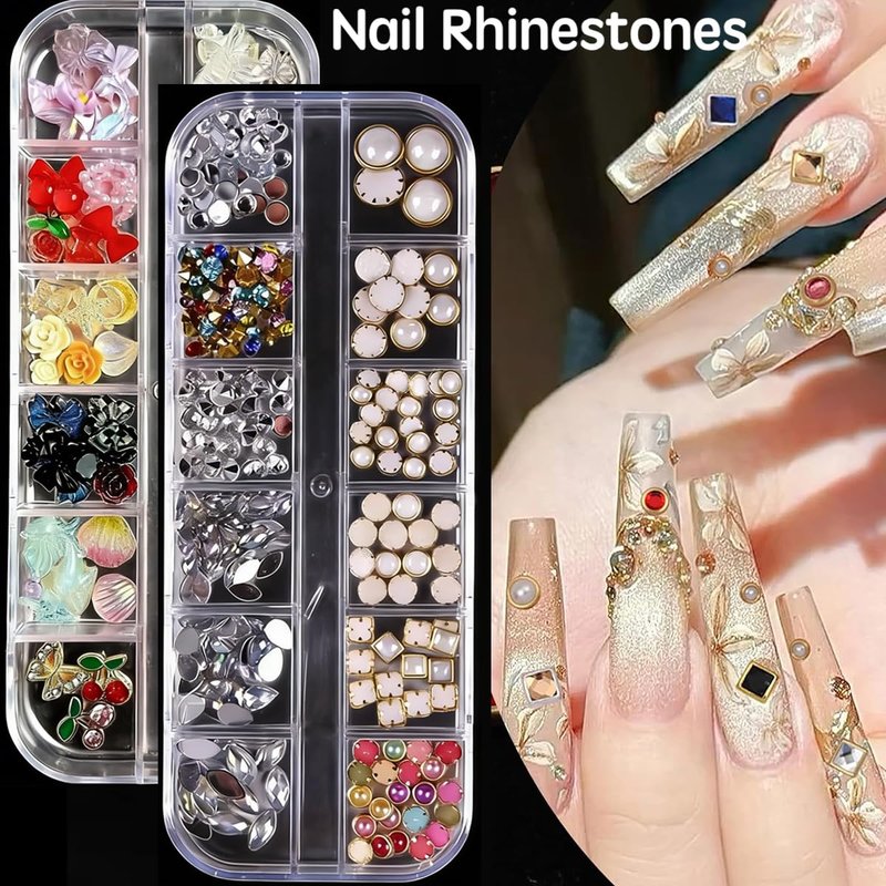 Nail Charms Nail Art Tools Set, Nail Art Kit with 4 Boxes of 3D Nail Charms and Gems Rhinestones, 1 Box Clear Nail Tips, 15 Pcs Nail Art Brushes, 5 Pcs Nail Dotting Tools, Nail Stand (colorful)