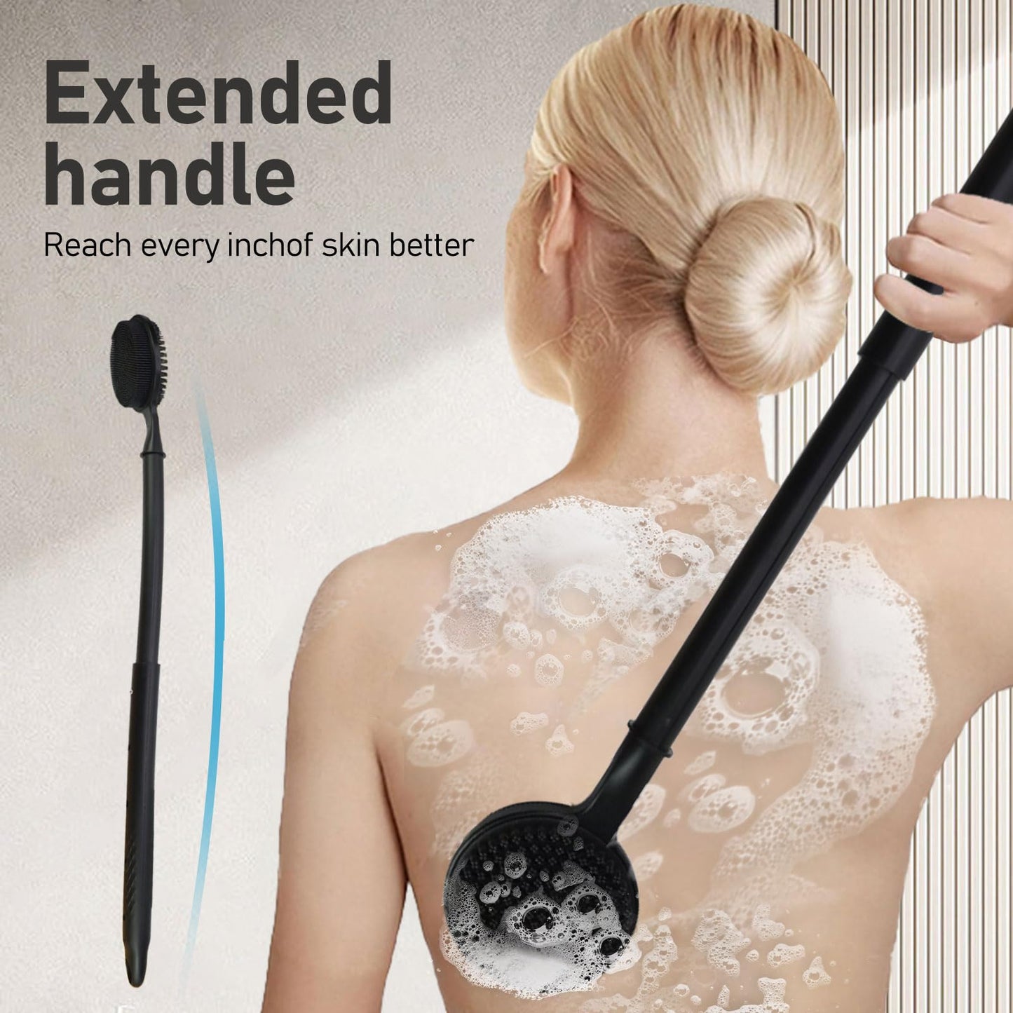 OZNER 24 Inches Silicone Back Scrubber for Shower - Extendable Long Handle Shower Brush with Dual-Sided Bristles - Exfoliating Body Scrubber for Sensitive Skin - Perfect for Men & Women (Black)