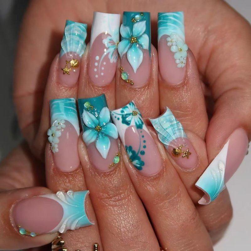 24Pcs Blue Flower Press on Nails Long Square Fake Nails 3D Floral Hibiscus with Gold Starfish Rhinestones Cute Design Spring Summer Glue on Nail French Tip False Nails Stick on Nail for Women Manicure