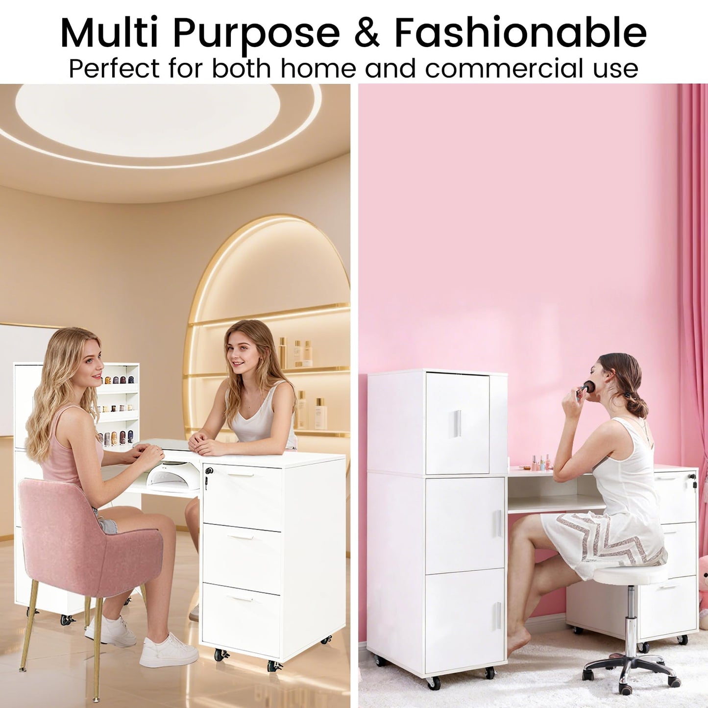 WLLPNG 55.1" Rolling Nail Table for Nail Tech, Manicure Table with Storage and Power Outlet, Portable Nail Desk with Drawers for Professional Beauty Salon Home (White)