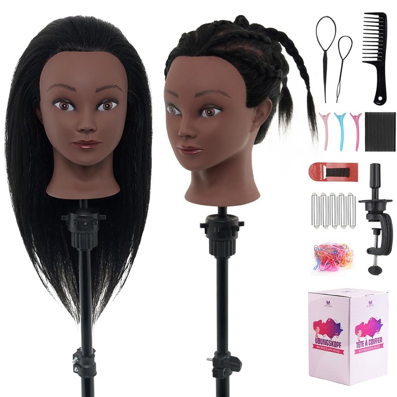 Real Hair Mannequin Head - 18” Human Hair Cosmetology Training Doll for Styling, Dying & Braiding | Black