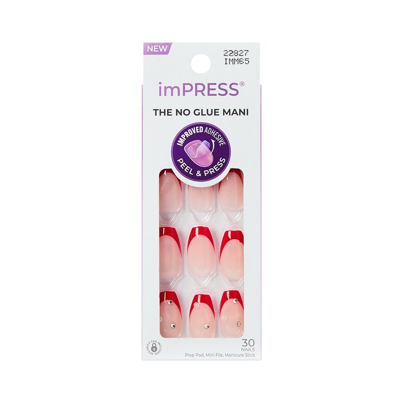Kiss Impress No Glue Mani Press On Nails, Design, 'Happy World', Red, Medium Size, Coffin Shape, Includes 30 Nails, Prep Pad, Instructions Sheet, 1 Manicure Stick, 1 Mini File