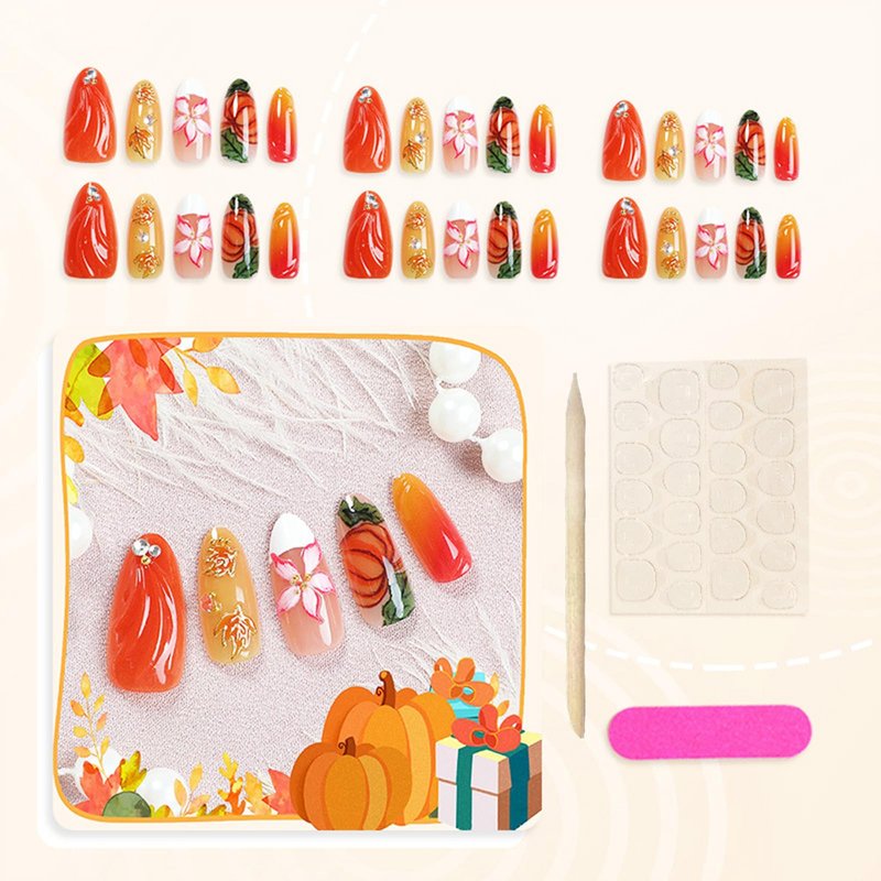 30pcs Fall Press on Nails Maple Leaf Fake Nail with 3D Floral & Leaves Pumpkin Art Medium Autumn Nails Handmade Thanksgiving Nail Art for Holiday Nails Decoration for Women