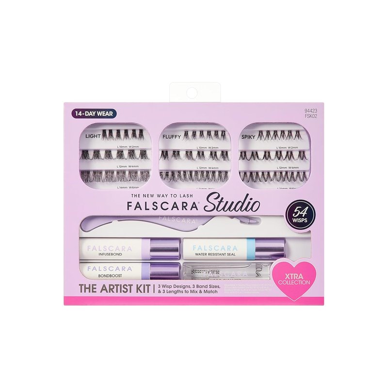 FALSCARA Lash Extension Kit - 54 Stackable Clusters, Medium Volume 10mm-14mm | Water-Resistant Bond & Cleanser