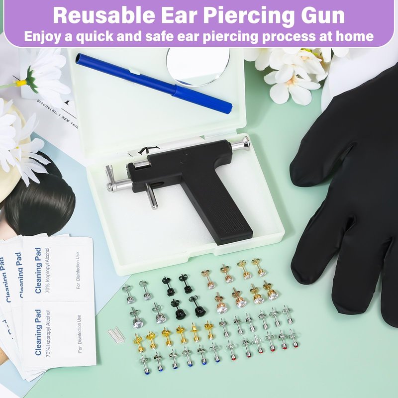 Professional Ear Piercing Gun, Reusable Ear Piercing Machine with Colorful Crystal Earrings Set for At Home Salon Earlobe Cartilage Helix Tragus Piercing Tool Kit