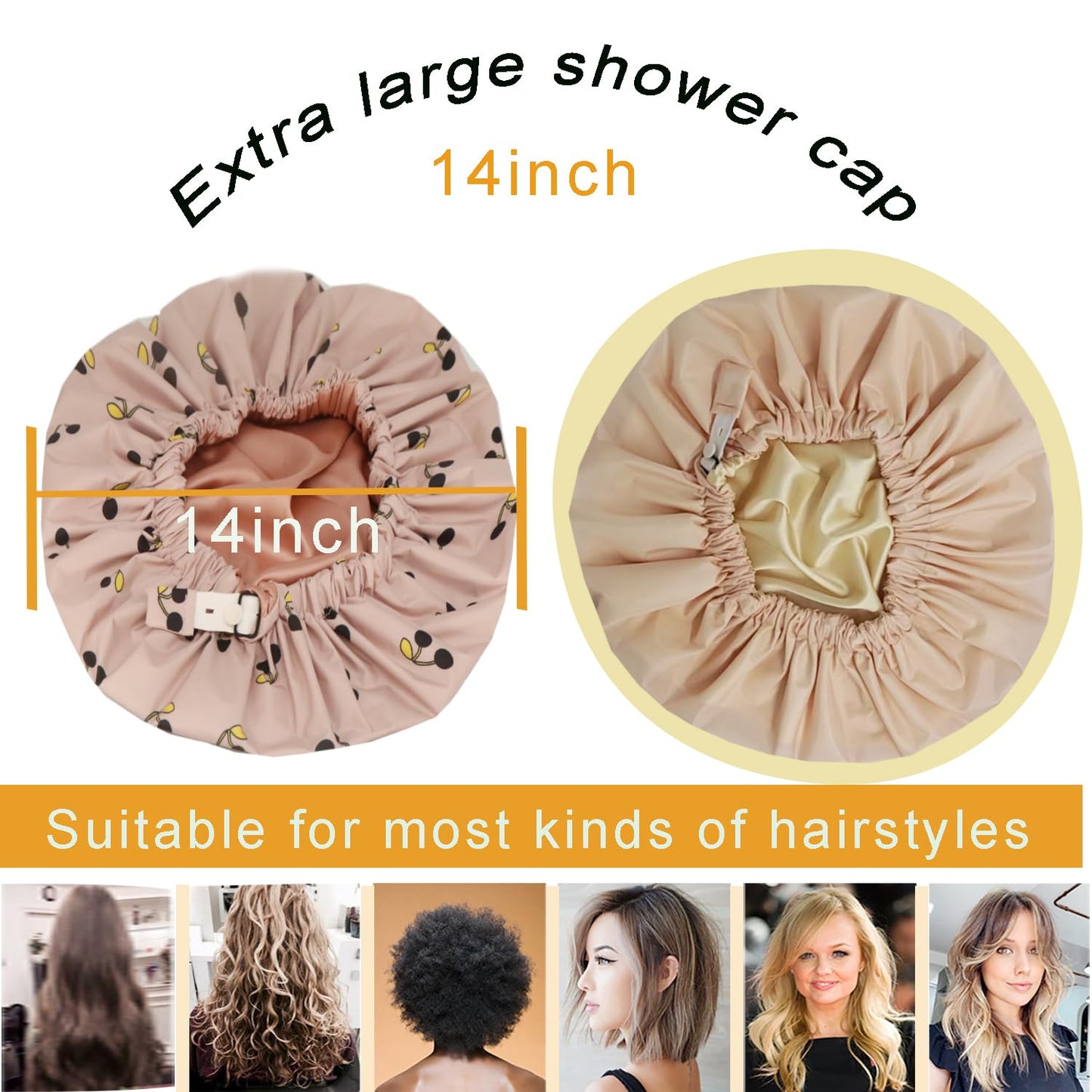 2Pcs Genergy Shower Cap for Women Waterproof, Adjustable Shower Cap Reusable, Luxury Shower Caps Comfortble, Extra Large &Double Layers &Reversible Satin Lined Bonnet(Apricot+Pink flower)