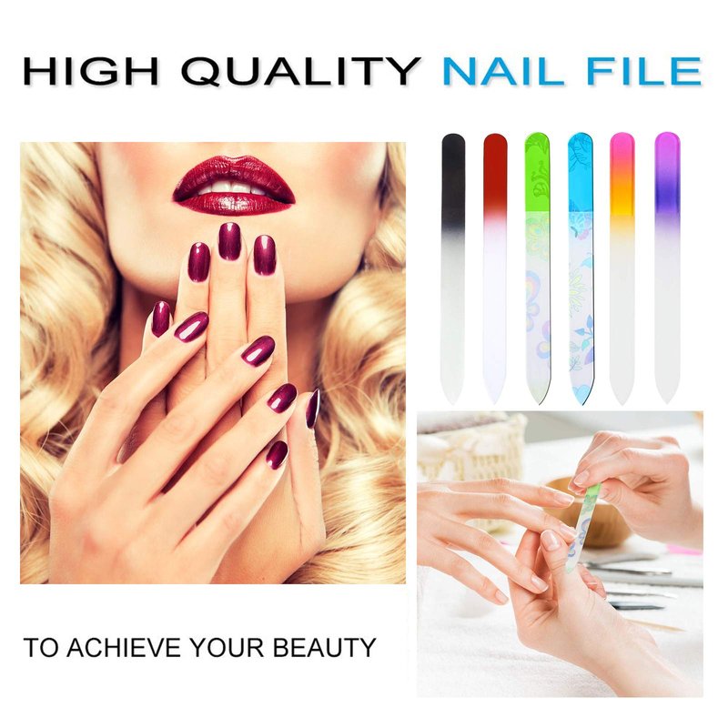 6 Pack Glass Nail File with Case, Crystal Fingernail Files Set, Double Sided Finger Nail Files, Professional Manicure Nail Care for Women