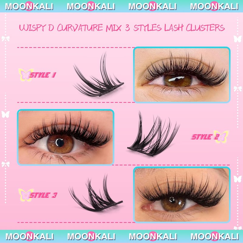 MOONKALI Natural Lash Clusters Wispy Eyelash Clusters 3 Styles Mix Natural Cluster Eyelash Extensions D Curly Soft Individual Lashes 10-16mm Mix Length Natural Look Lashes Clusters with Thin Lash Band