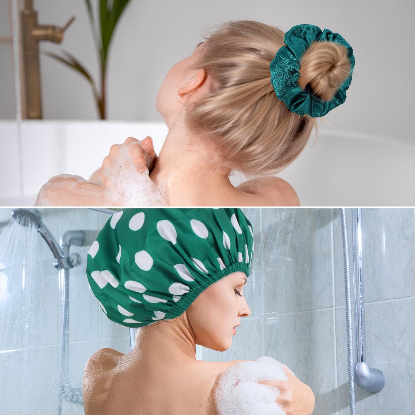 WSICSE 2 Packs Large Shower Caps for Women, Reusable Waterproof Shower Cap Bath Caps with Hair Scrunchies for Long Thick Hair (Blue/Green)