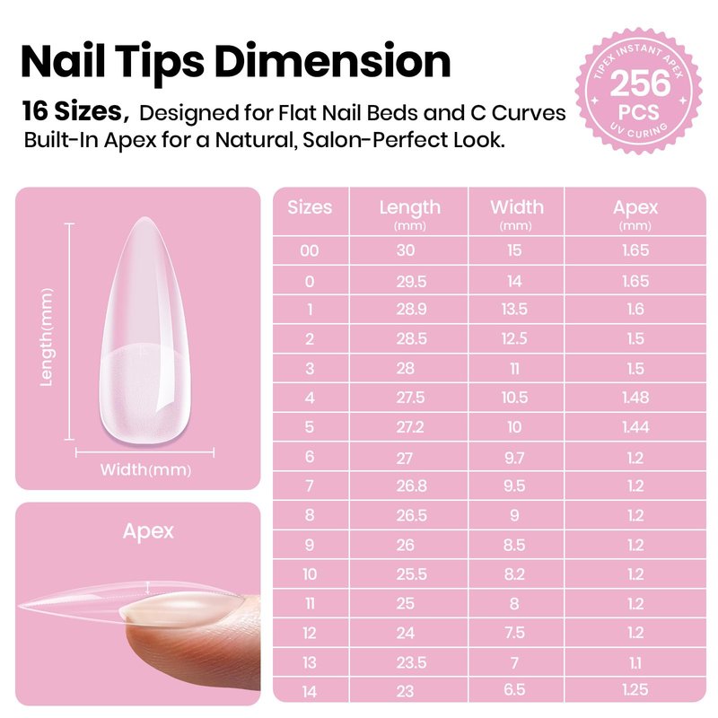 Beetles Tipex Lite Pre-Built Apex Gel Nail Tips, Stiletto Medium, 256pcs Value Pack, 16 Sizes, Flat-Nail Friendly Acrylic Tips for Natural Nail Beds, Easy for Beginner DIY