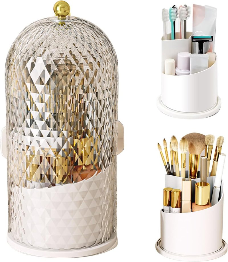 QLODFHG Concealed Toothbrush Holder, Makeup Brush Holder Organizer with Lid 360 Rotating Clear Dustproof for Dresser Tabletop Bathroom Countertop (White)