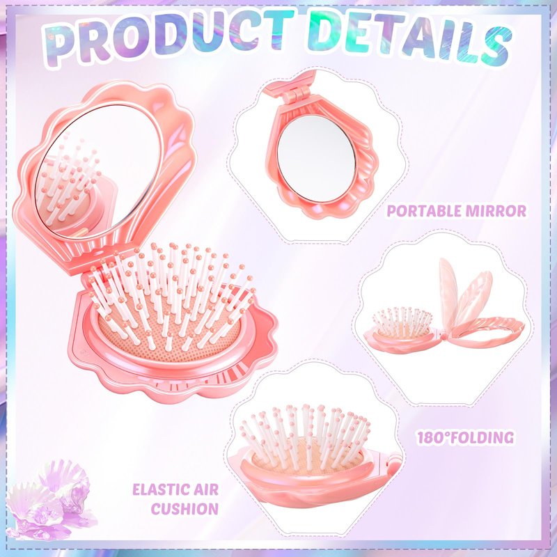 Meanplan 12 Pcs Mermaid Party Favors Shell Hair Brush with Mirror Foldable Mini Travel Pocket Hair Brush Compact Makeup Comb for Women Girls Valentines Day Birthday Gifts(3 Colors)