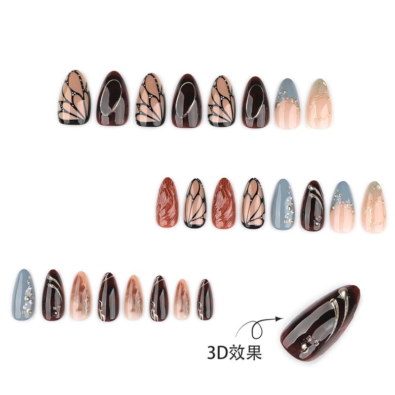 Skiennix 3D Butterfly Wings Press-On Nails - Blue & Brown Almond Shape | Reusable Acrylic with Adhesive Tabs