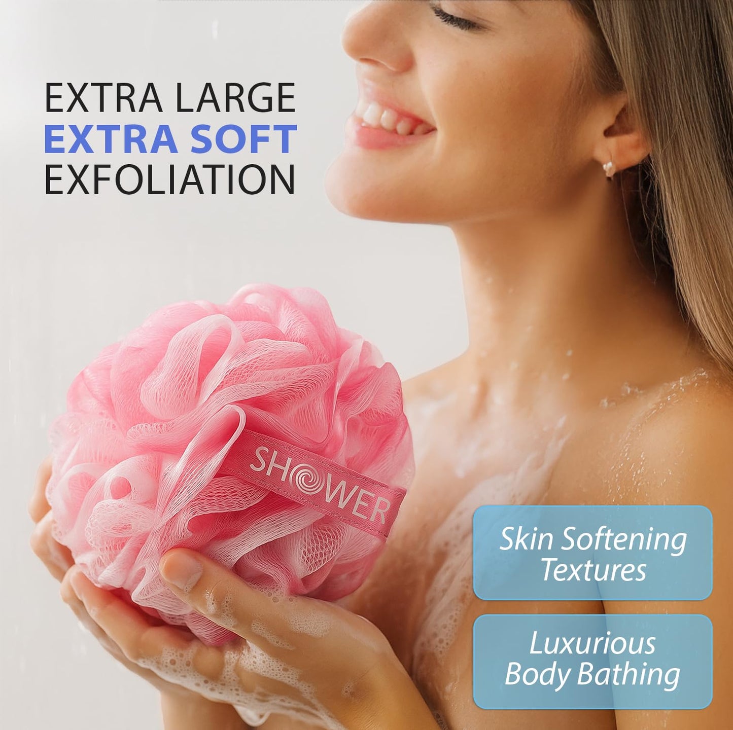 SHOWER BOUQUET Pink-Loofah Bath-Sponge XL 4-Pack // Extra Large 75g Soft Mesh Net Pink Loofa Loufa Luffa Lufa Puff Set/Exfoliating Body Scrubber for Women and Men - Exfoliate & Soothe Face & Body